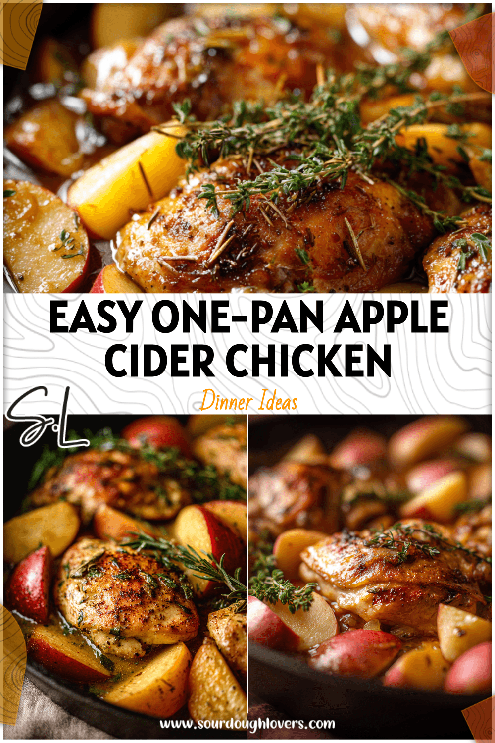 Skillet filled with apple cider chicken, apples, and herbs perfect for a Fall Dinner Recipes theme 2026